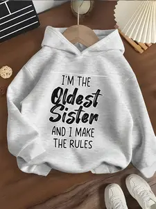 Girls' Hooded Sweatshirt 'big Sister Rules,' Letter Slogan Print, Casual Fitted Style, Skin-Friendly Fabric, Spring & Fall Wear, Graphic Casual Hoodie