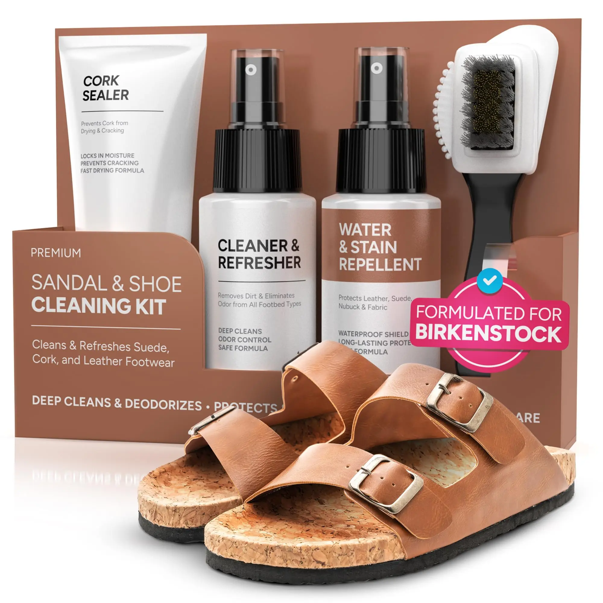 FORTIVO 4-in-1 Sandal and Shoe Cleaning Kit for Birkenstock – Premium Care Kit Safe for Leather, Suede, Nubuck & Cork - Includes Sealer, Protector Spray, Cleaner & Brush