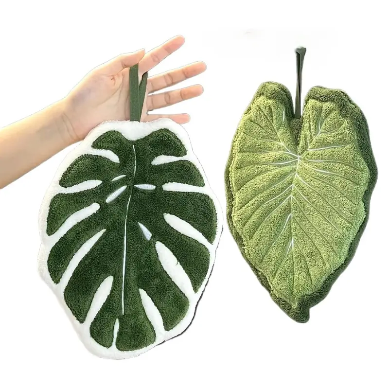 Hanging Kitchen Hand Towels 2 Pack Coral Fleece Leaf Towels Soft Super Absorbent Quick Dry Decorative Towels with Hanging Loop Cute Plant Design for Bathroom Kitchen Oven Handle Home Decor Green