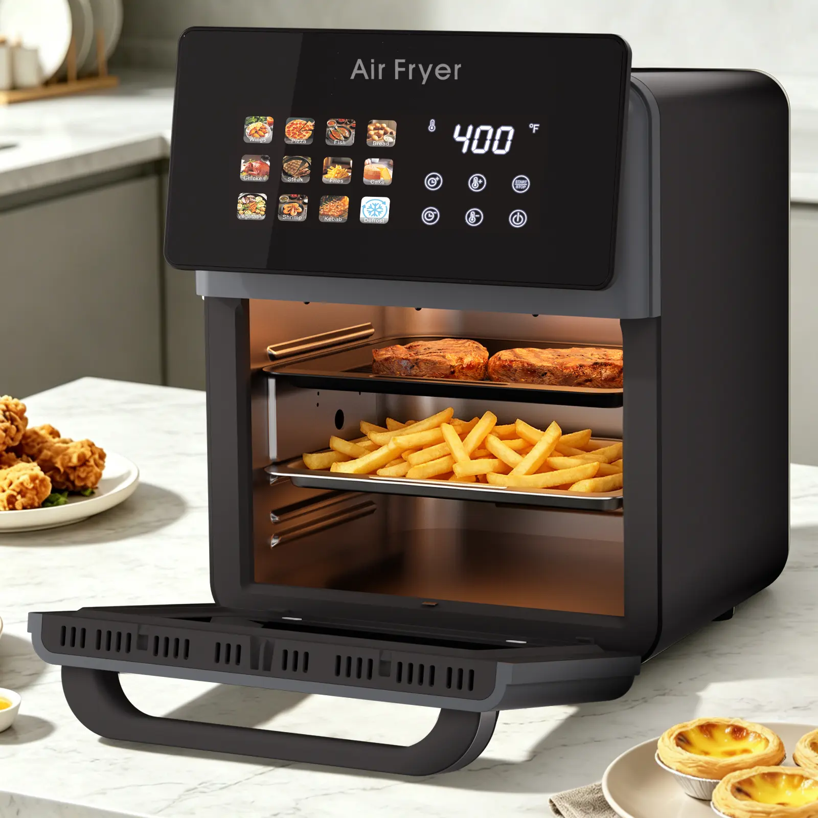 10L Large Pro Air Fryer Oven With Grill Combo For Kitchen Use,12 in 1 Smart Convection Ovens,AirFryer With Glass View Window,Nonstick Basket,Fryer Liners,Removable Door-Black