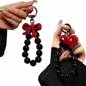 Must-Have! Stunning Black Beaded Phone Lanyard | Red Heart/Bow Charms | Free Spacers + Jewelry Box | Trendy Women’s Bag Keychain | Ideal Valentine’s Day & Birthday Gift | Cell Phone Charm | Phone Accessory