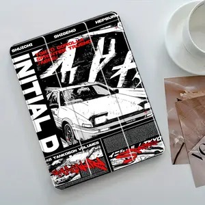 Vintage Anime Speed Racing Design Three-Tier Stand iPad Case,Transparent Acrylic Hard Back,Pencil Slot & Charger Port,Fits iPad 10.2/10.5/10.9/11/12.9 inch,Shock-resistant Protective Case, Durable Protective Cover, Suitable for Offices Schools Homes