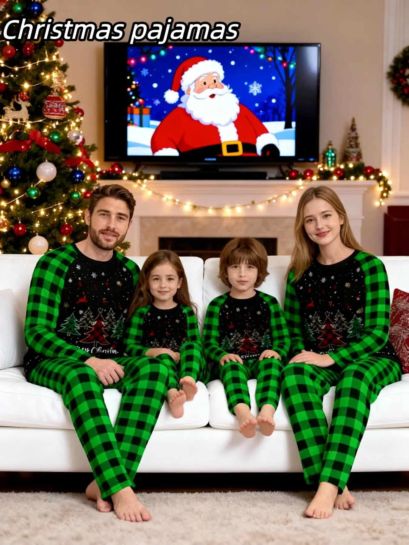 2-Piece Christmas Family Pajama Set, and Plaid Stripes, Long Sleeve and Pants, Casual Holiday Sleepwear for Men and Women