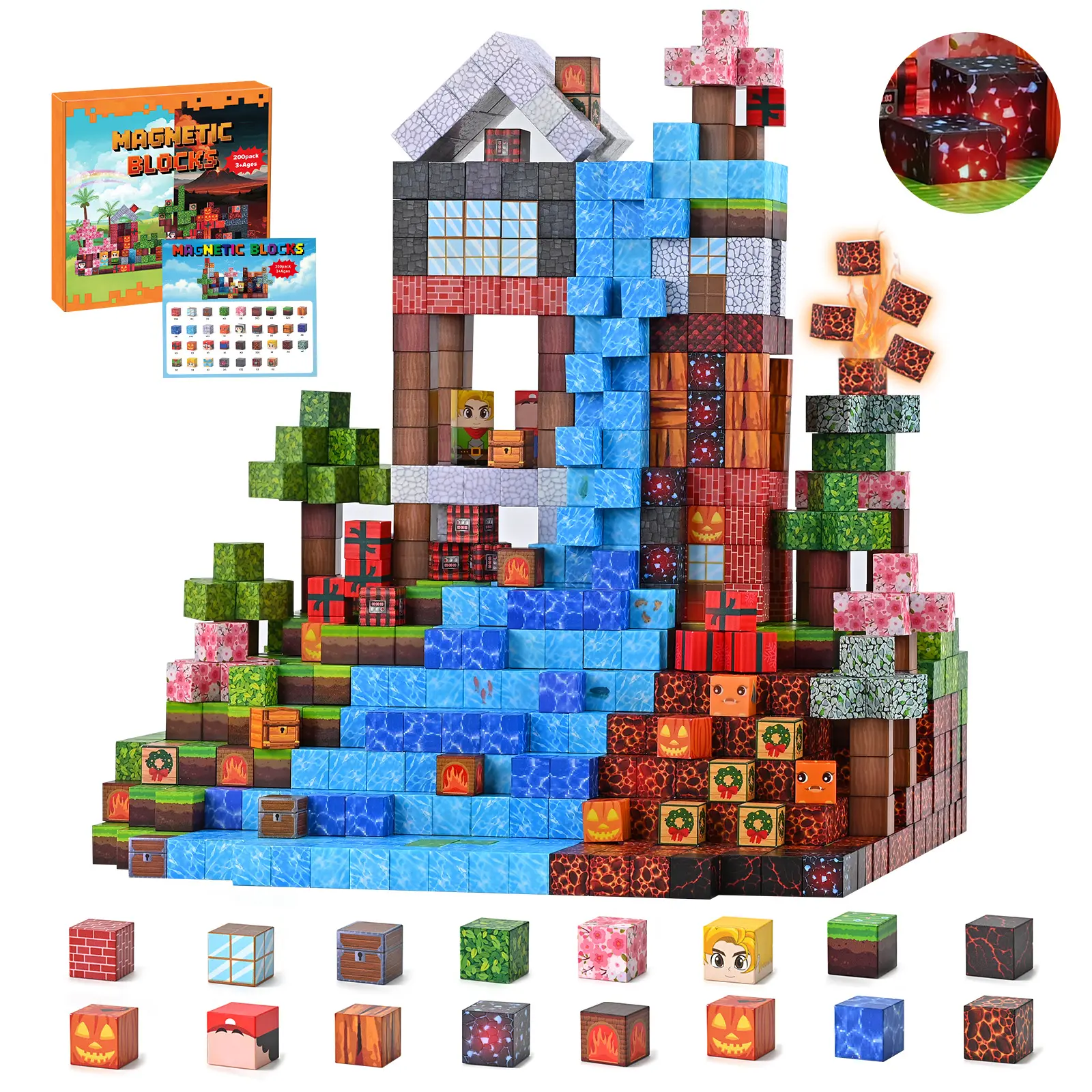 200PCS Magnetic Construction Set - Sturdy Light-Up Stackable Plastic Building Blocks, 3D Stacking Tiles & Mini Figures Kit, STEM Kids Toys, Birthday Gift for 3-10 Year-Olds
