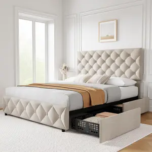 Dark Gray Double bed Frame With 4 Storage Drawers And Adjustable Headboard, Linen Upholstered Platform Bed Frame, Diamond Stitched Button Tufted, No Box Spring Needed,Off-white_FULL Bedroom Furniture