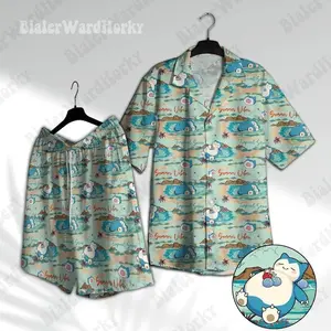 Snor PKM Hawaiian Aloha Shirt Tropical Beach Anime Shirt Premium Soft Cotton Beach Wear Men's Tropical Summer Short Sleeve Button Down Shirt Trendy Streetwear Vacation Party Outfit Unique Anime Fan Gift