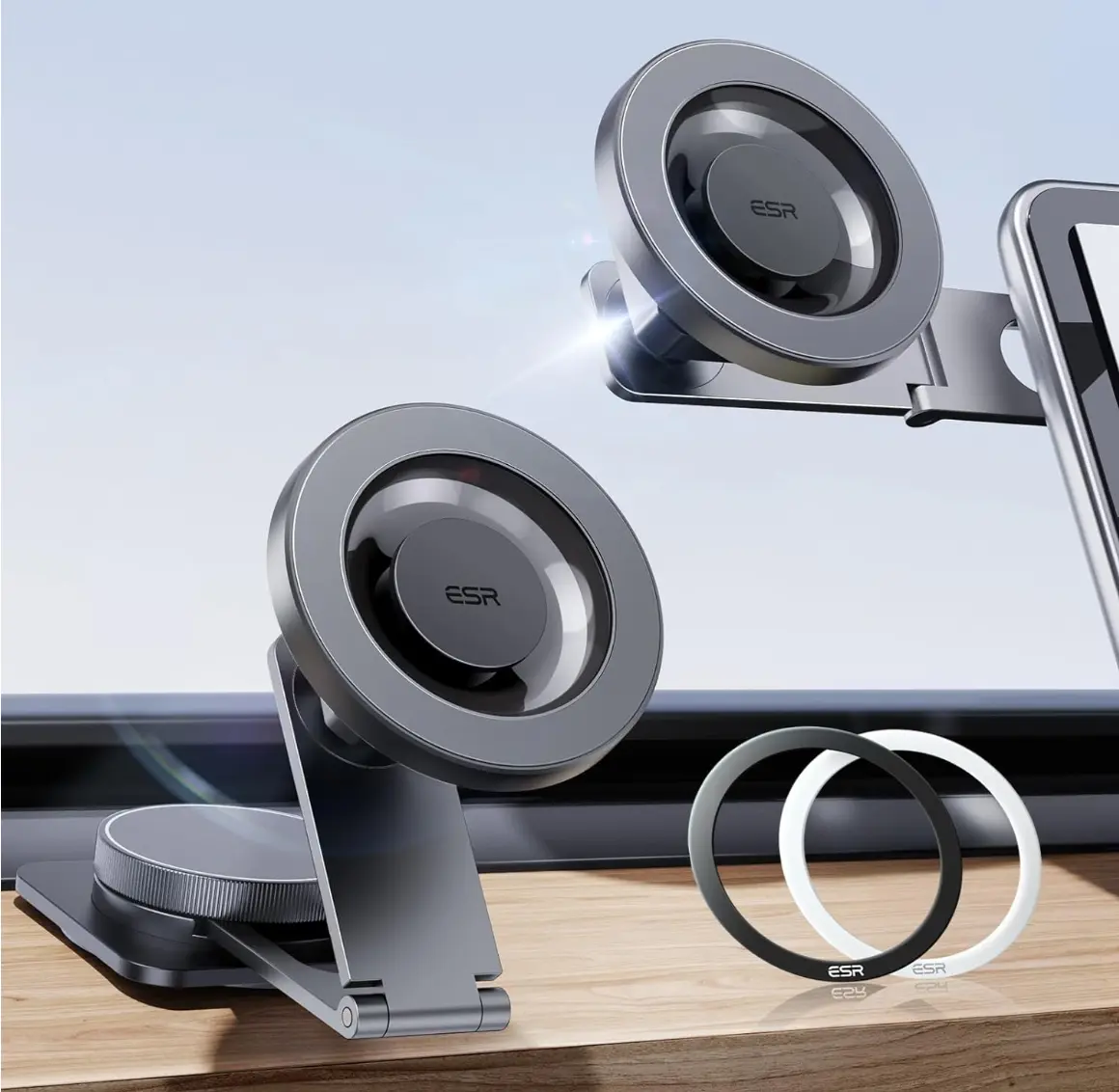 ESR for MagSafe Car Mount, Car Phone Holder, Tesla Touchscreen Car Mount, Magnetic Phone Holder for Car, for iPhone 17/16/16e/15/14/13/12, S25, Pixel 10, Charging Not Supported(2 Metal Rings Included)