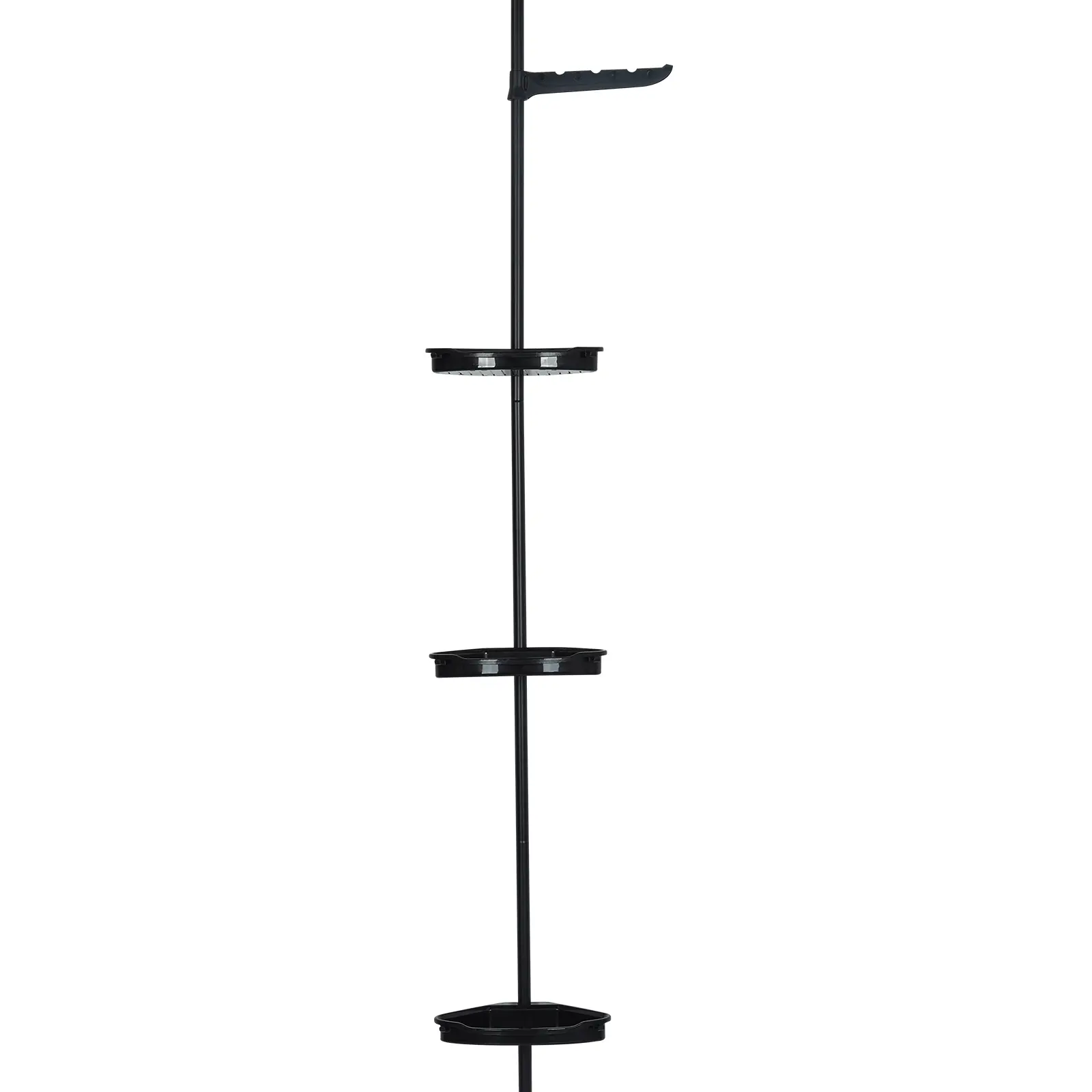 Black All-Plastic Adjustable Height Corner Shower Caddy with Telescopic Tension Pole (101.6"-122"), 4-Tier Customizable Durable Anti-Rust Bathroom Shelves Organizer, Auto-Drain Rubber-Grip Trays, Shampoo Holder for Inside Shower/Tub
