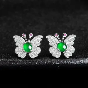 Sliver Natural Jade Earrings Green Butterfly Ice Earrings Jadeite Fashionable Earrings For Women Sterling Silver