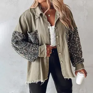 Women's Plus Size Contrast Sequin Raw Hem Shacket
