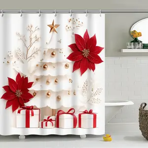 1pc Red Poinsettia & Golden Christmas Tree Shower Curtain White Background Holiday Bathroom Decor Machine Washable Polyester Fabric 66x72 Inch Elegant Festive Bath Curtain for Christmas Decorations Polychrome