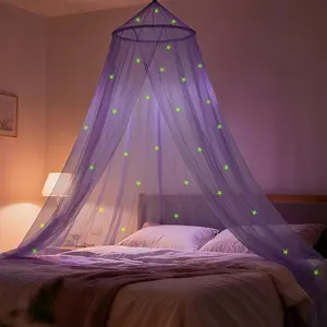 Purple Bed Canopy for Girls with Glow-in-The-Dark Stars Princess Canopy Curtains Fits Single Twin Full Queen Size Bed Bedroom Accessories Ceiling Tent