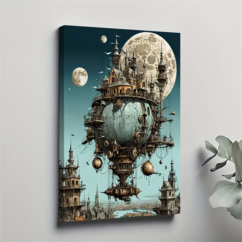 1 piece of steampunk-style house on a hot air balloon canvas wall art - solid wood frame, 30.0x 45.01cm , vintage industrial decoration suitable for living room, office, courtyard, fantasy wall art |   Astronomical themed wall decoration |   Durable frame