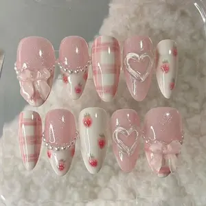 Pink Strawberry Heart Press On Nails | 3D Bows, Pearls & Plaid Accent | Soft Glossy Almond Nails | Handmade Cute Set