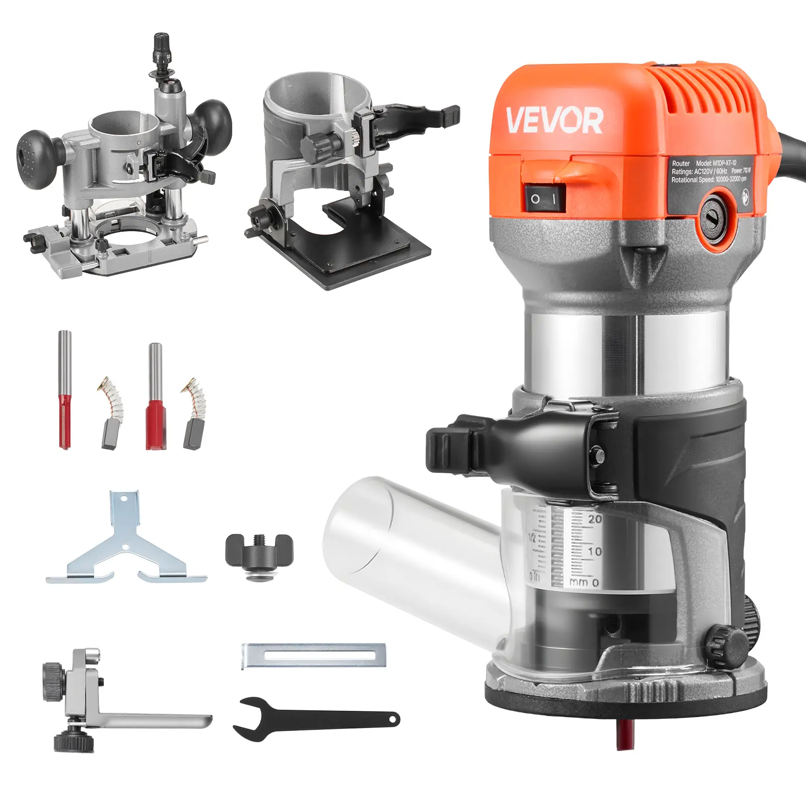 VEVOR 1 HP 710W Variable Speed Corded Aluminum Palm Wood Router, 1/4 in Collet Power Tool with Fixed, Plunge Base, Tilt Bases, Soft Start, Hardware, Vacuum System, Efficient Cutting Performance, Smooth Operation for Woodworking, DIY Projects, Edge Trimmin