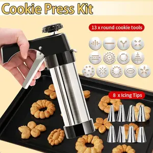 ONESHOWHOME Stainless Steel Cookie Press Set for Baking Icing Gun with 13 Discs & 8 Tips for DIY Biscuit Cake Dessert Baking Bakeware Utensils Birthday Gift Black