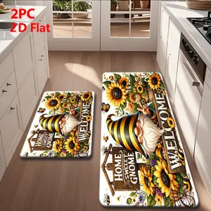 2/3 Piece Flannel Kitchen Floor Mat Set, Sunflower Farmhouse Gnome Welcome Design, Non-Slip, Absorbent, Home Decor, Decorative Rug