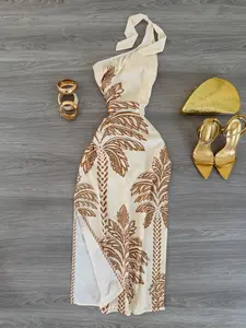 Women's Printed Vacation Casual Fitted Summer Beach One-Shoulder Tie Long Split Dress, Stylish, Chic and Comfortable, Perfect for Holidays, Casual Wear