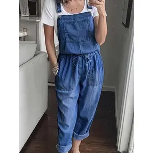 Plus Size Casual Denim Overalls for Tall Women, Comfortable Cotton Blend with Drawstring Waist, Solid Vintage Wash, Elegant Sleeveless Loose-Fit with Strappy Back, Non-Stretch Woven Fabric - All Season Wear Suits Womenswear