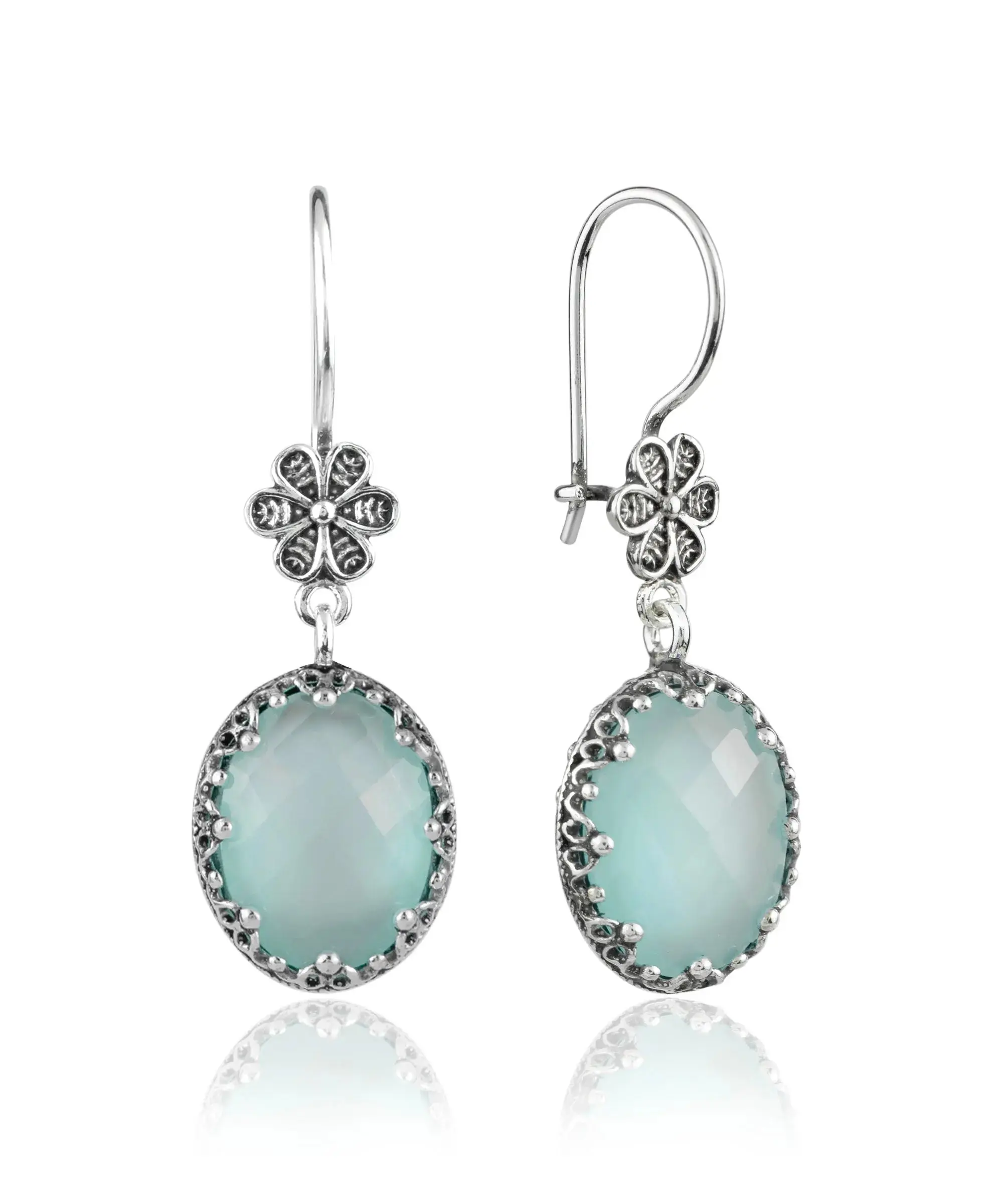 Filigree Art Aqua Chalcedony Gemstone Women Silver Oval Dangle Earrings