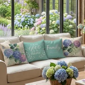 Teal Home Quote & Hydrangea Floral Decorative Throw Pillow Covers Set of 4, Flower Botanical Porch Outdoor Pillowcase, Family is Everything Sofa Couch Cushion Case Home Decor 0126YI Bedroom Decorative Accessories