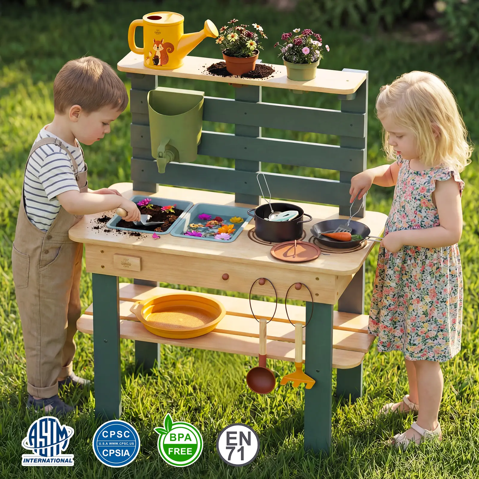 Lehoo Castle Wooden Mud Kitchen for Kids, Outdoor Play Kitchen with Real Water Sink and Kitchen Accessories, Garden Toys for Cooking Watering Sensory Play, Montessori Learning Toy for Kids Aged 3+
