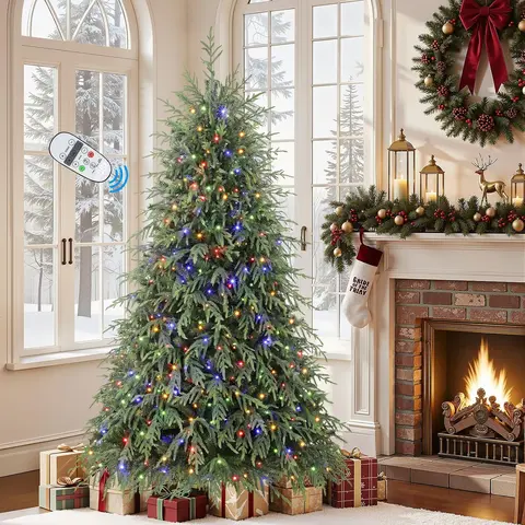 Alupssuc Pre-Lit Norfolk Pine Artificial Christmas Tree, 5/6/7.5/8FT, Warm White & Colorful LED Lights, Remote Control, Hinged PE/PVC Branches, Holiday Home Decoration with Ornaments