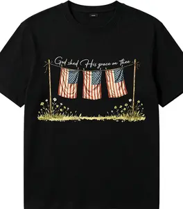 God Shed His Grace On Thee Patriotic 100% Cotton Graphic T-Shirt with Vintage USA Flag Design