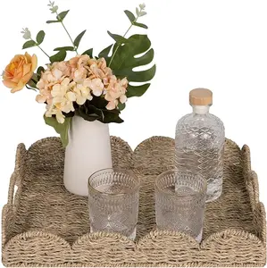 Scalloped Tray, Wicker Rattan Serving Tray with Handles, Woven Rectangle Seagrass Tray, Scalloped Basket Table Décor Trays