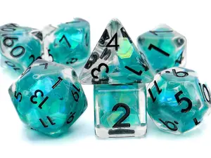 7-Piece Teal Iceberg Glitter Flake Resin DnD Dice Set, with Black Numbers, and Black Velvet Bag, for Tabletop RPGs