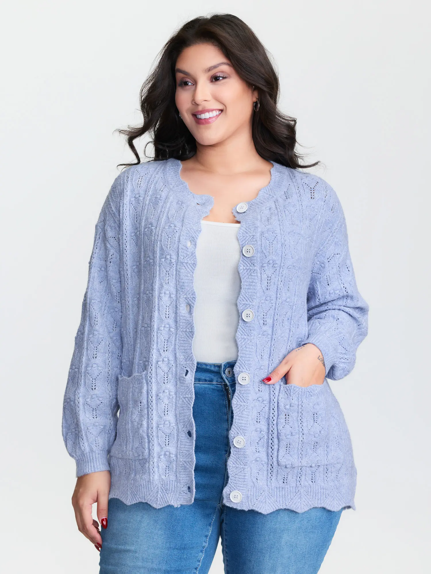 Women's Bloomchic Textured Lantern Long Sleeve Button Knit Cardigan - Pocket Approved, Spandex Fabric Garment, Flat Fit, Blue Knitwear,summerwins Womenswear Tops,Spotlight,Summer wins,Deals for you days,Summerfinds