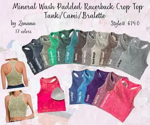 Ribbed Racerback Mineral Washed Crop Tank Top Bralette with pads 6190 by Zenana, rounded neckline, Soft stretchy Comfy with removeable padding