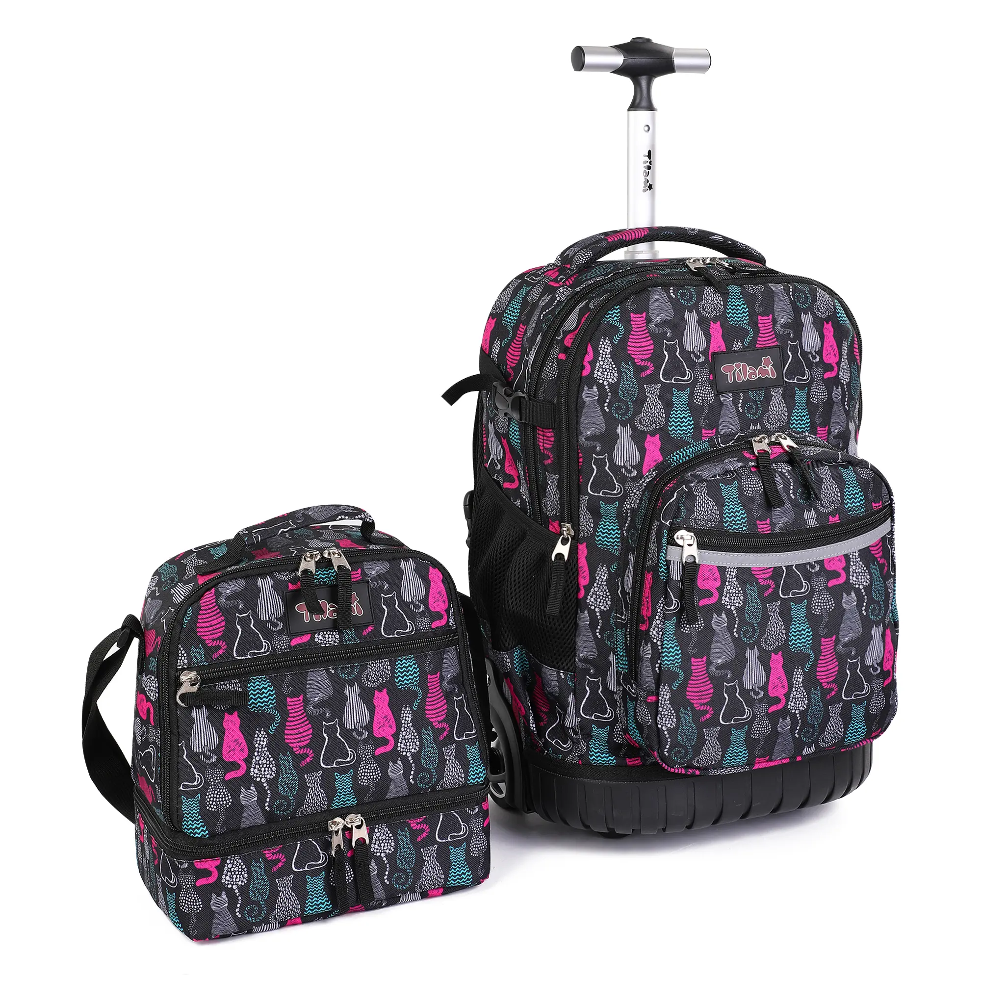 Tilami Rolling Backpack 19 inch with Lunchbox Wheeled Laptop Backpack, Cat Black
