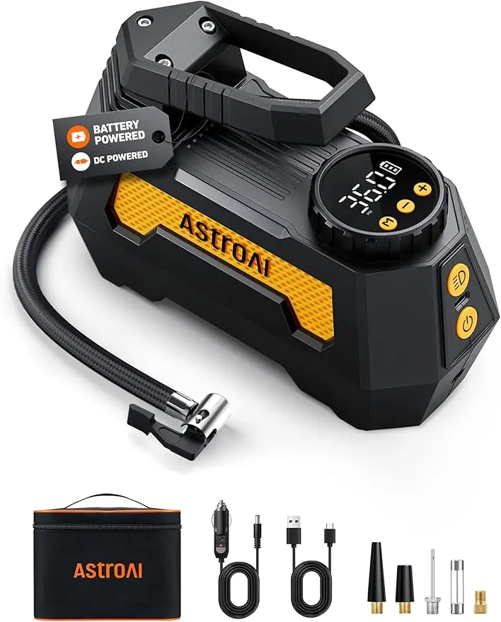 AstroAI Tire Inflator with Digital Pressure Gauge and LED Light - Portable Air Compressor for Car, Bicycle, Balloons, Yellow