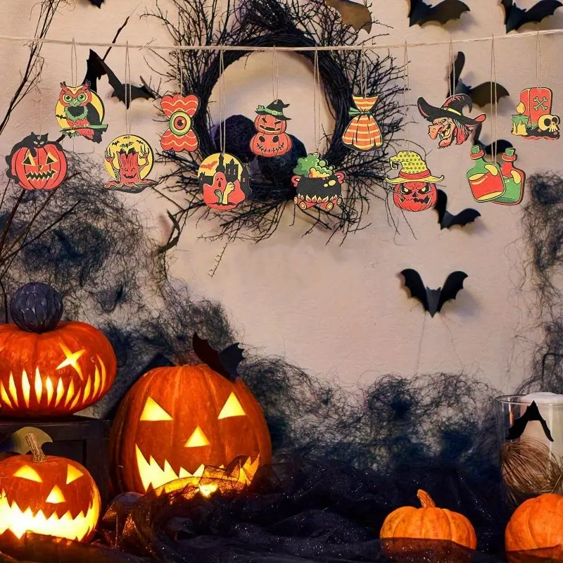 Ghost Tree Skeleton Pumpkin Owl Hanging Decoration, Set of 24, Halloween Wooden Decoration - Halloween Decoration, Party Decoration Ornaments Ornaments
