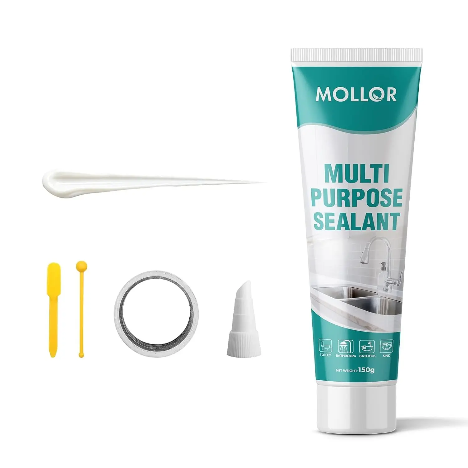 Waterproof Silicone Sealant for Shower, Countertops, White Silicone Caulk for Bathroom & Kitchen, Easy to Use with Tool, Stronger Adhesion, Shrink & Crack Proof (5.29oz Porcelain White)
