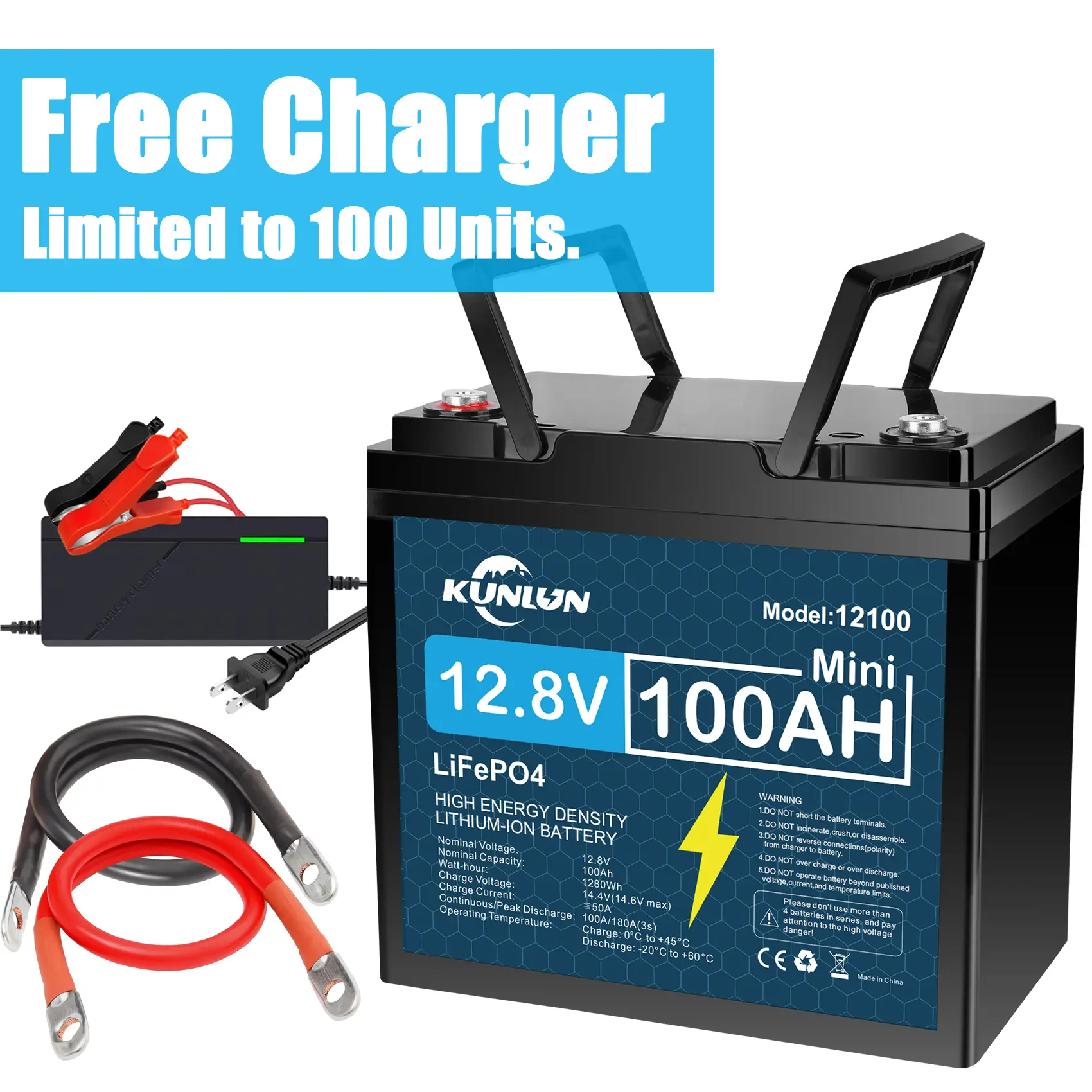 KUNLUN 12V 100Ah LiFePO4 High Capacity Rechargeable Battery Model 12100 - 100A Smart BMS, 5000+ Cycles, 1280Wh Energy, Maintenance-Free Off Grid Accessory for RV, Outdoor Emergency Use, High Capacity Battery