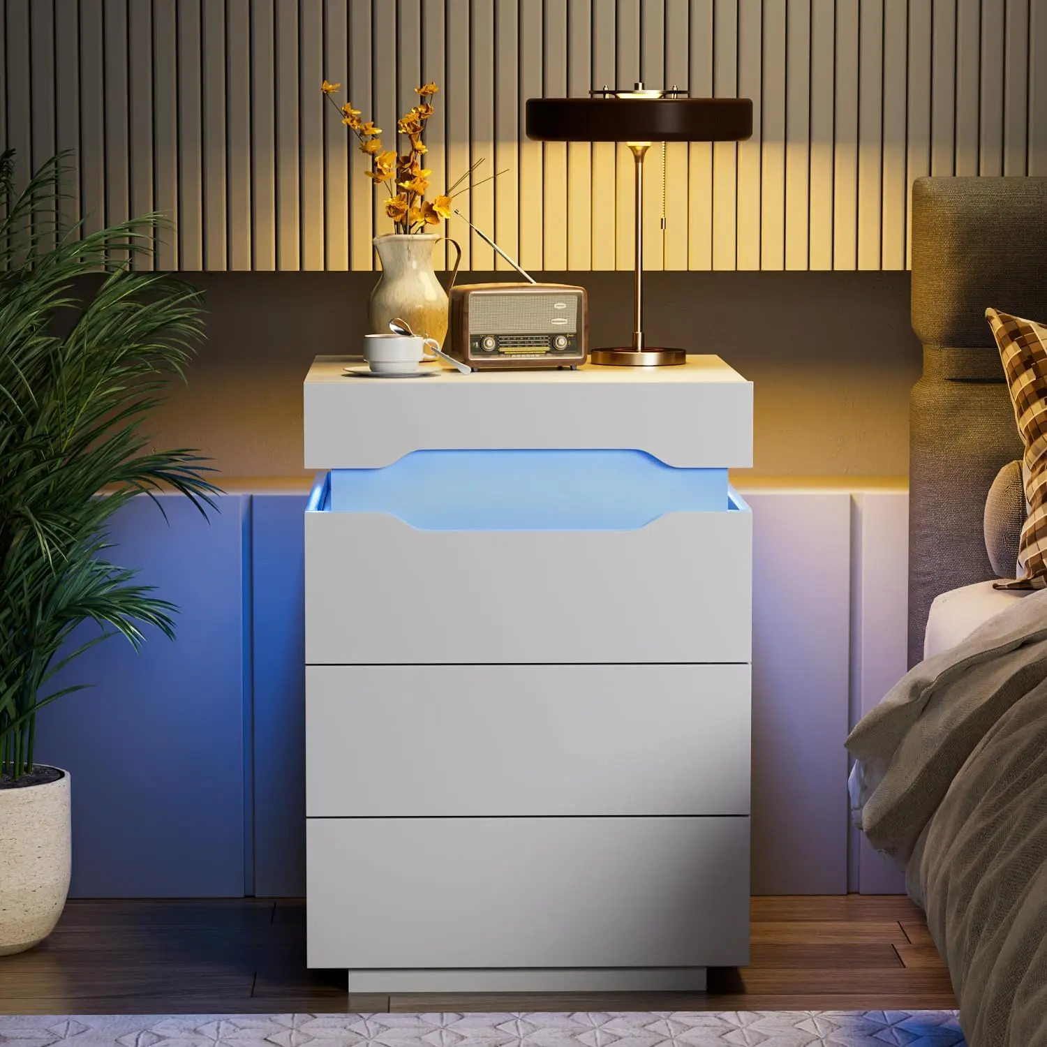 Furmax Tall LED Nightstand with Adjustable Lighting and Charging Station, 27.5" High Bedside Table with 3 Large Drawers, Modern End Table for Bedroom, Large Capacity, White
