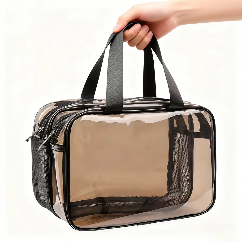Women's PVC Basic Plain Casual Large-Capacity Makeup Organizer with Double Handle, Waterproof Transparent Portable Toiletry & Skincare Storage Case (Brown) - Travel Essentials, Back to School Shopping