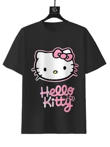 Sanrio Hello Kitty Pink Short-Sleeve Unisex Tee Black T-Shirt with Iconic Design 100% Cotton Casual Graphic Fit