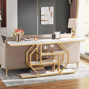Spaco Extra Long Modern Gold Console Table - Faux Marble Tabletop, 4-Tier Storage, Living Room Sofa Table, Entryway Accent Piece