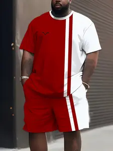 Large-sized men's short-sleeved T-shirt and shorts set, with a red and white contrast design, featuring slight elasticity, suitable for large-sized measurements.