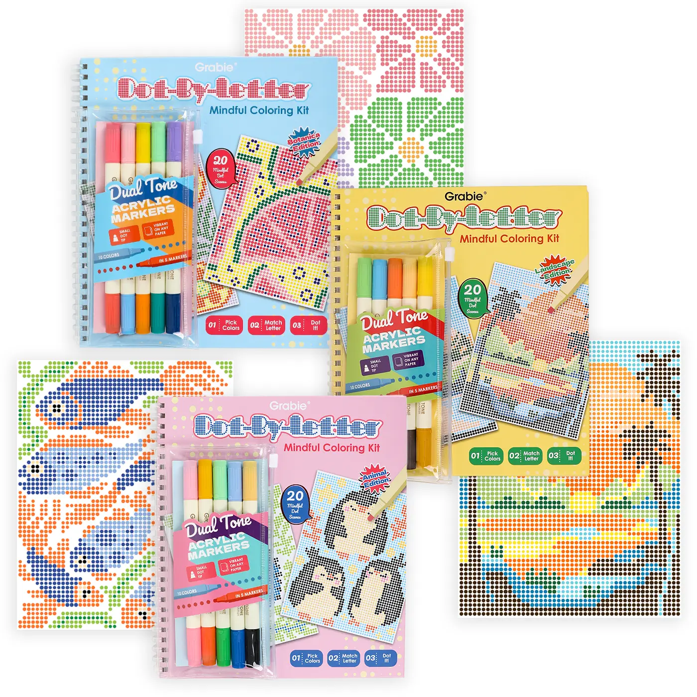 Grabie New Dot-By-Letter Mindful Coloring Kit, Acrylic Markers, Dual-Tone Set, Mindful Art Supplies, Printed Pages for Coloring Fun