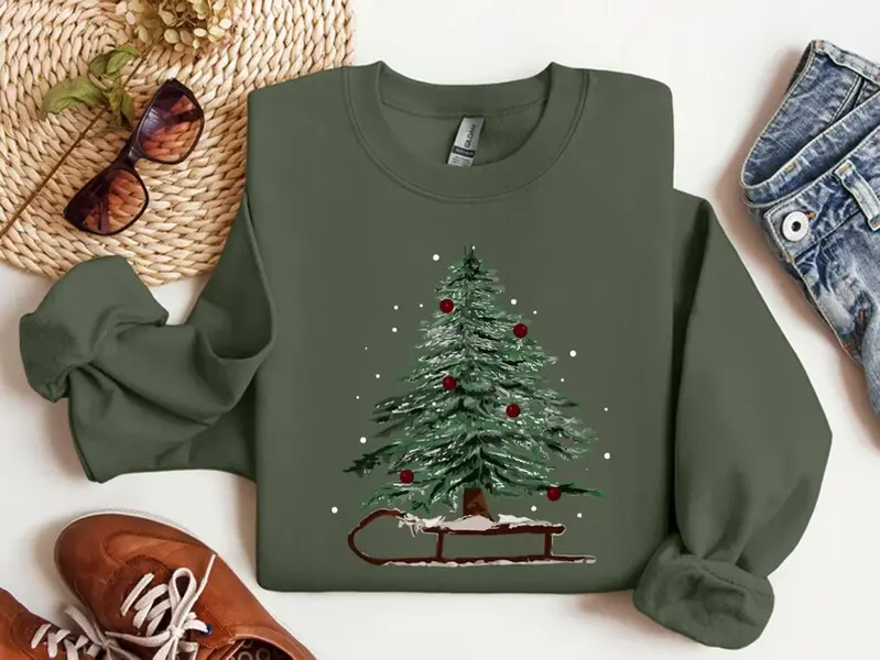 Gildan Sweatshirt, Woman's Holiday Sweatshirt, Women's Xmas Sweatshirt, Christmas Sleigh Crewneck, Christmas Tree Sweatshirt, Xmas Tree, Women's Christmas Sweatshirt,Winter Tee