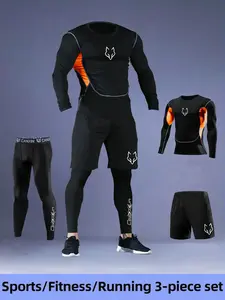 3 Piece Sportswear Set, Compressive Breathable Mesh Long Sleeve Top, Quick Dry Tight Pants, Side Pocket Shorts, Wolf Head Print, Running, Basketball, Hiking, Training, Athletic Set