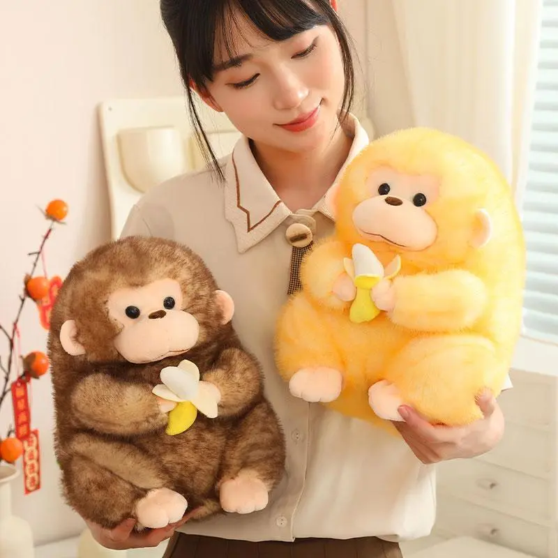 Kawaii Fairy Golden Monkey Stuffed Animal Pillow - Non-Woven, Soft, Cuddly Banana-Holding Toy (23-40cm), Unisex Monkey Theme Room Decor, Birthday Gift