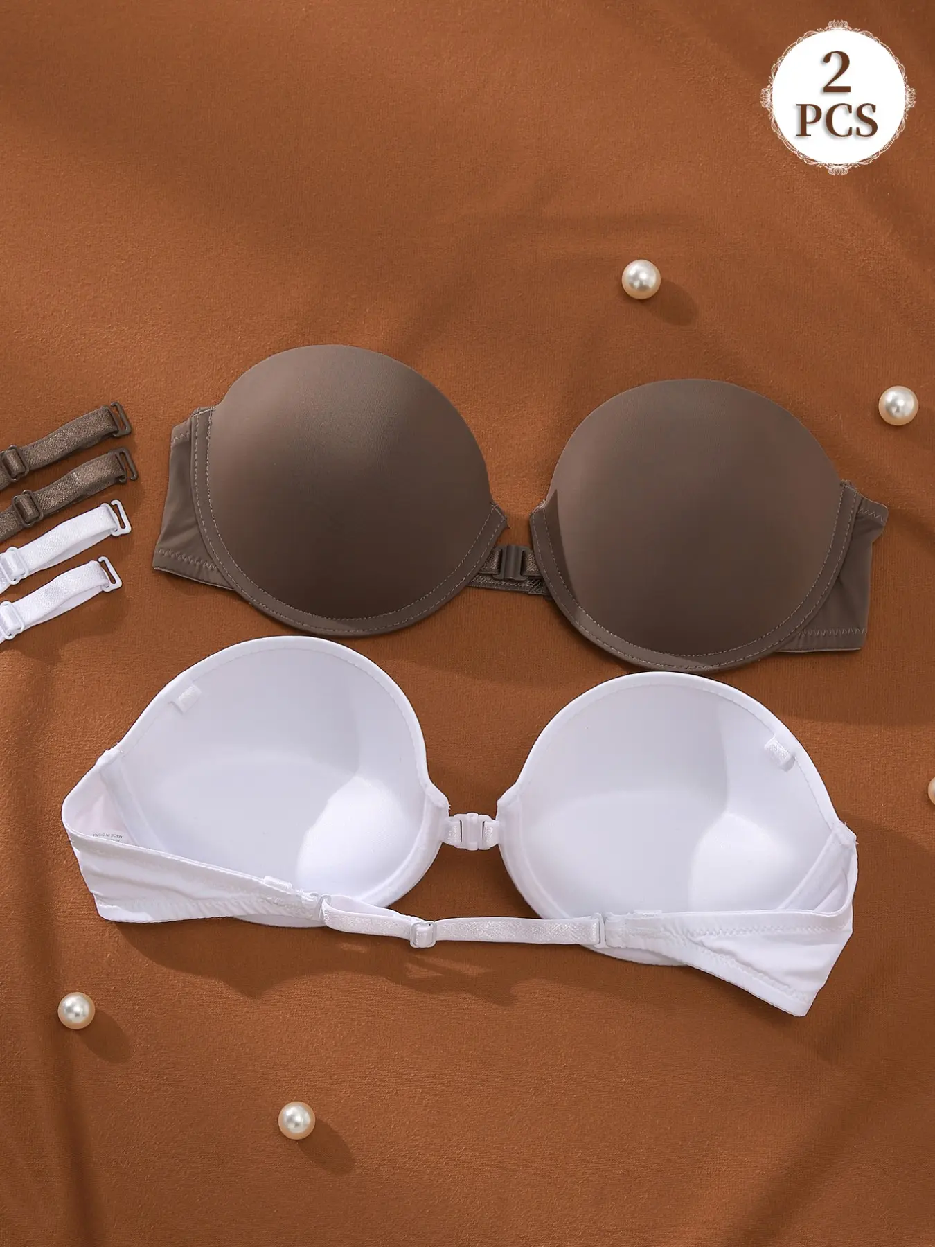 2PCS Women's Front Buckle Strapless Underwire Demi Balconette Natural Lift Bra,Deep V Supportive Push Up Balconette Non‑slip Detachable Adjustable Straps Comfortable Fit Breathable,for One-Shoulder Dresses Backless Underwear