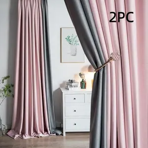 2pc Living Room Curtain Set, High-End Modern Patchwork Design, Cotton Linen Fabric, Noise Reduction Insulation Sunshade, Iron Ring Processing