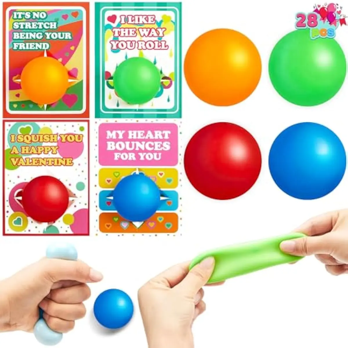28 Packs Valentines Day Gift Cards with Stress Ball Set Stretchy Squishy Toy Balls Sensory Squishy Toys Stress Relief Toys for Kids Classroom Exchange Prizes, Valentine Party Favor