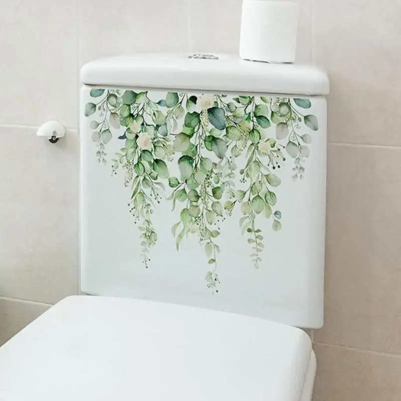2pcs Green Plant Leaves Wall Sticker Bathroom Toilet Decor Living Room Cabinet Home Decoration Decals Beautify Self Adhesive Mural Bathroom Decoration Supplies